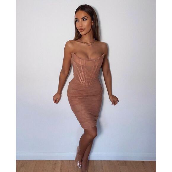 House of CB Leila Strapless Blush Mesh Shirred Bodycon Mini Dress Cream Size XS - Picture 12 of 12